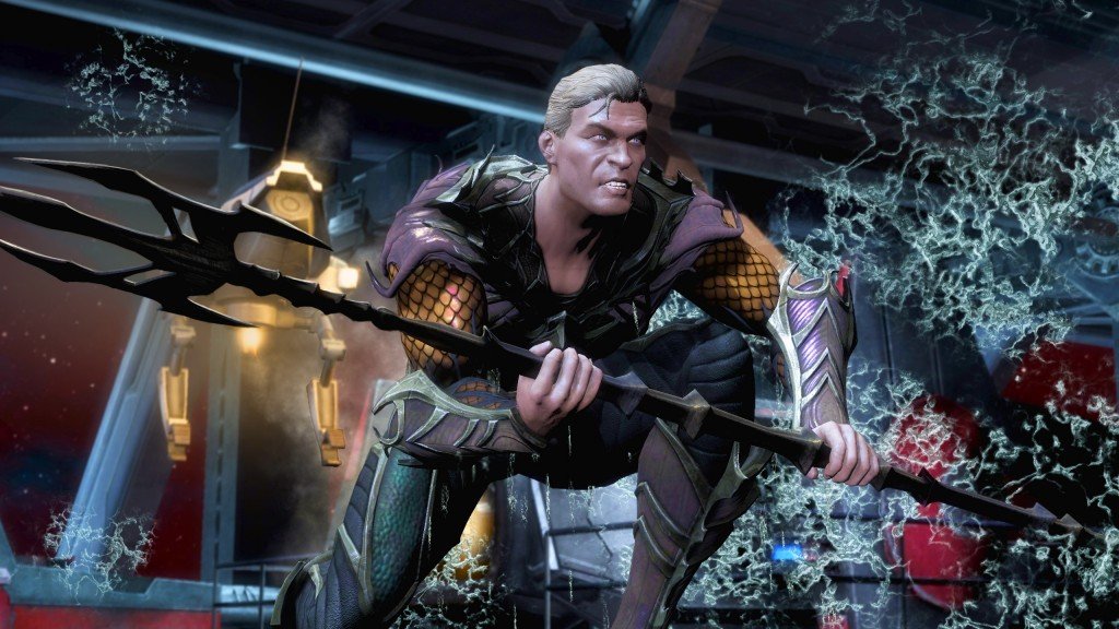 Il design dei personaggi è davvero di ottima fattura. Ecco Aquaman nella sua animazione pre-partita, in cui sbuca nello stage accompagnato da pesci cani...
